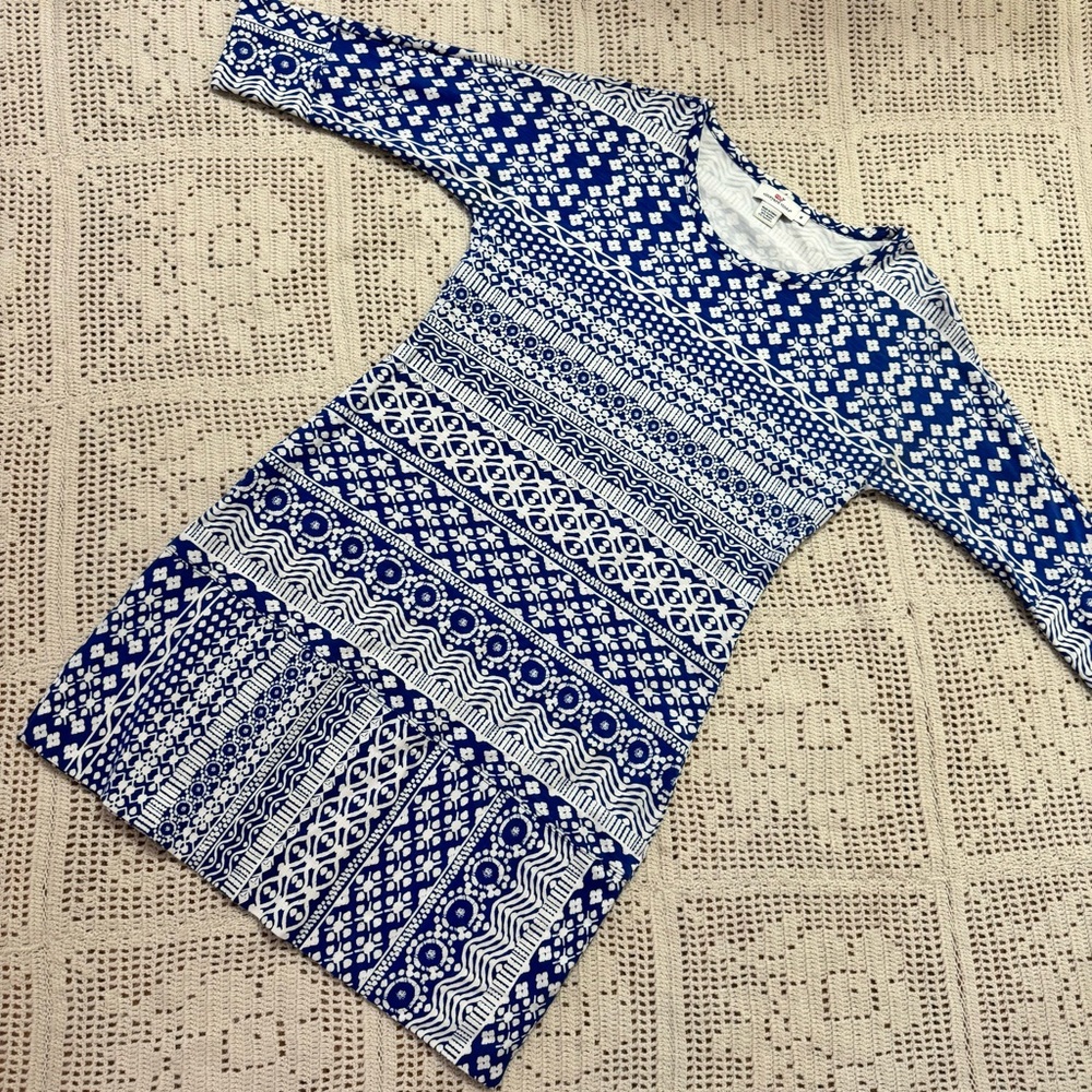 Vineyard Vines Blue Patterned Sheath Dress with 3/4 Sleeves Medium